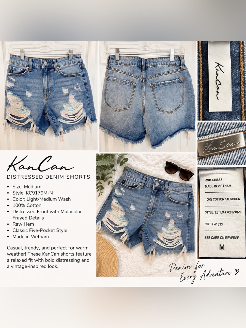 NWT KanCan Light/Medium Blue Distressed Denim Shorts with Multicolor Threading